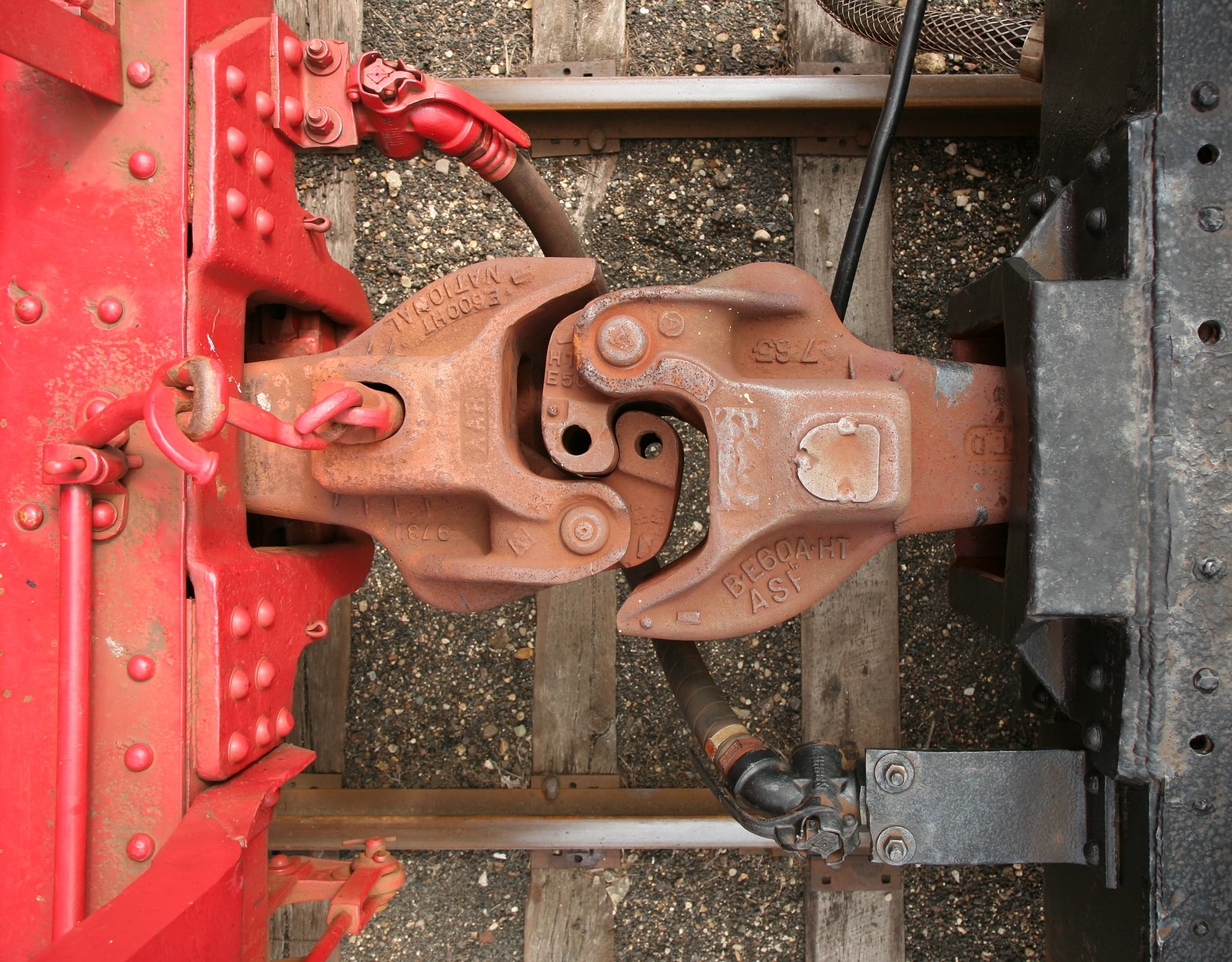 Two railway car couplers locked together — the mechanical analogue of product–customer coupling.
